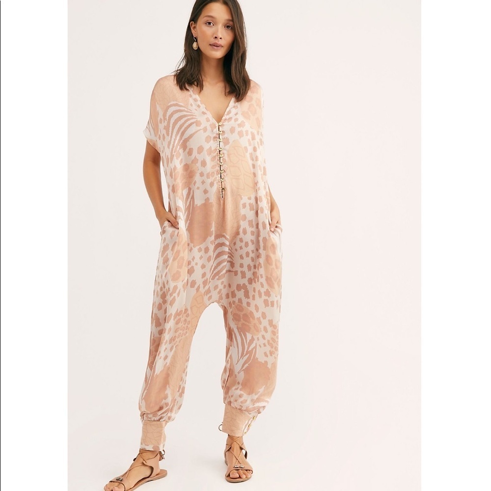 Free People x Carolina K Sera Silk Blend Harem Jumpsuit NWT Champagne Jungle XS